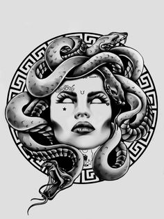 a drawing of a woman with snakes on her head and the face of a snake wrapped around her neck