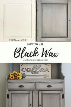 an old dresser is painted white with black wax and has sunflowers on top