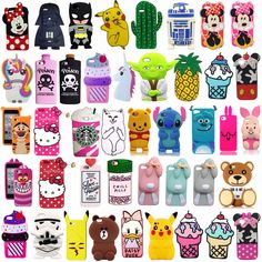 many different cell phones with cartoon characters on them and some are made out of plastic