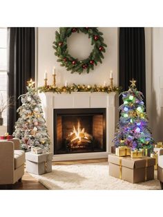 a living room decorated for christmas with presents around the fire place and wreath on the wall