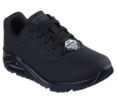 A favorite style arrives in comfort and safety with Skechers Work Relaxed Fit Uno SR. This slip-resistant utility design features a durable perforated synthetic durabuck upper with a Skechers Air-Cooled Memory Foam insole and Skech-Air visible airbag midsole. | Skechers Women's Work Relaxed Fit: Uno SR Sneaker | Medium Width | Relaxed Fit for a roomy comfort fit at toe and forefoot | Skechers Air-Cooled Memory Foam cushioned comfort insole | Skech-Air visible airbag midsole | Slip-resistant trac Shock Resistant Low-top Sneakers For Safety, Functional Slip-resistant Sneakers For Safety, Functional Low-top Safety Sneakers, Functional Slip-resistant Safety Sneakers, Functional Slip-resistant Work Sneakers, Slip-resistant Synthetic Sneakers For Outdoor Work, Sporty Leather Sneakers With Impact Resistance, Sporty Leather Impact-resistant Sneakers, Impact Resistant Leather Sneakers For Streetwear