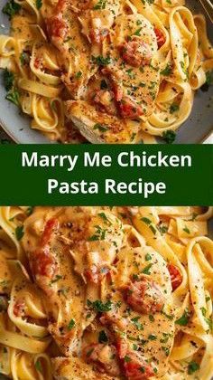 two pictures of chicken pasta with sauce and parsley