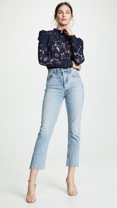 Lace Top Outfit, Guipure Lace Top, Pants Form, Looks Jeans, Spring Work Outfits, Guipure Lace, Looks Chic, 가을 패션, Puff Sleeve Top