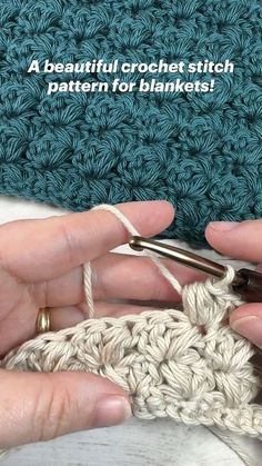 two hands holding crochet hooks while knitting the stitchs on an afghan with text overlay that reads, a beautiful crochet stitch pattern for blankets