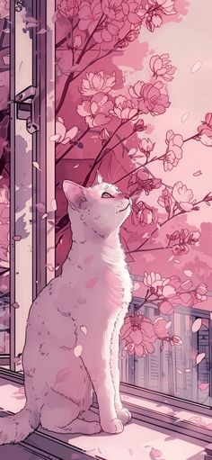 a white cat sitting on top of a window sill next to a pink tree