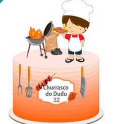 a birthday cake with an image of a man cooking on it and the words churrasco do dudu 32