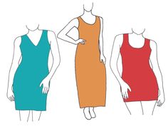 three women's dresses in different colors and sizes, with one woman standing next to the