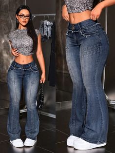 Women's Plain Casual Denim Jeans Blue Casual   Denim Plain Flare Leg Medium Stretch  Women Clothing, size features are:Bust: ,Length: ,Sleeve Length: Corset Jeans, Shredded Jeans, Flare Jeans Outfit, Apple Bottom Jeans, Chique Outfit, Casual Denim Jeans, Shein Icon, Jean Jeggings, Jeans Casual