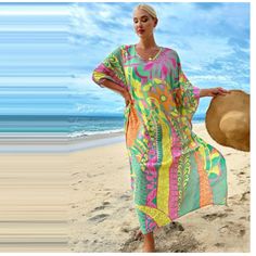 Brand New W/O Tag 95% Polyester, 5% Elastane Shoulder 43.3" Chest 65.7" Length 53.1" Pink V-neck Dresses For Vacation, Colorful V-neck Beach Dress, Multicolor V-neck Maxi Dress For Beach, Green Summer Dress With Colorful Pattern, Pink Printed Maxi Dress For Summer, Pink Summer Kaftan For Beach Cover-up, Vibrant Green Vacation Dress, Vibrant Green Dress For Vacation, Multicolor Print V-neck Beach Dress