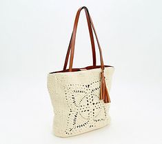 With leather trim and a gorgeous butterfly pattern, this crochet tote makes a stunning sidekick. From Patricia Nash. Spring Crochet Bag With Leather Handles For Shopping, Cream Crochet Shopping Bag For Spring, Cream Crochet Bag For Spring Shopping, Shopping Crochet Bag With Braided Handles, Elegant Spring Crochet Travel Bag, Spring Travel Crochet Bag With Leather Handles, Spring Brown Crochet Bags, White Crochet Travel Bag With Leather Handles, White Crochet Bag With Leather Handles For Travel