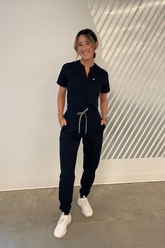 Empower Scrub Jumpsuit - Yitty Fall Scrubs Uniforms, Medical Receptionist Outfit Scrubs, Fashionable Scrubs, Scrubs Uniform Cute Aesthetic, Rbt Work Outfit Scrubs, Scrub Jacket Outfits, Scrub Uniform Aesthetic, Scrub Jumpsuit