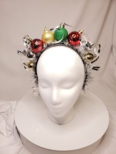 Christmas ornament headpiece made with silver ribbon and garland. Perfect for ugly sweater party, holiday celebration! Be the highlight of the party with this simply fun Christmas accessory. Whimsical Christmas Party Headband, Festive Christmas Headband, Christmas Festive Headband Headpiece, Novelty Christmas Party Headband, Adjustable Headband For Holiday Festivities, Christmas Party Adjustable Hair Accessories, Zephyr Cove, Colorful Ornaments, Holiday Headbands