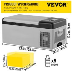 an image of a yellow and black cooler with the measurements for each product on it