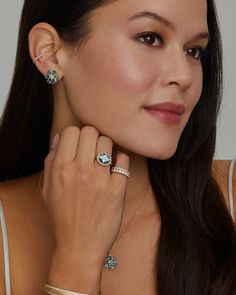 18K Yellow Floral Stud Earring with Blue Tourmaline and Diamonds, .12 TCW5/8 Inch Diameter Style# YESFBTW Asymmetrical Earrings, Floral Studs, Blue Tourmaline, Bracelet Collection, Green Tourmaline, Signature Collection, Stud Earring, Yellow Floral, Ring Necklace