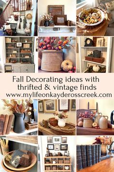 a collage of pictures with different types of decor and furniture in it, including bookshelves