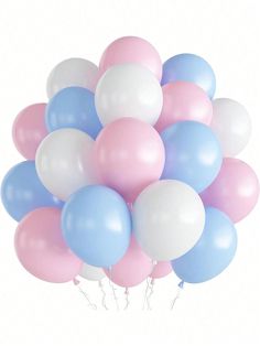 a bunch of balloons that are blue, pink and white in the shape of a bouquet