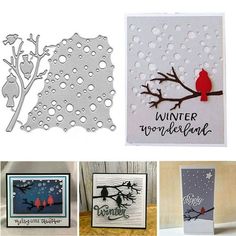 four different cards with birds and snowflakes on them, one is for winter