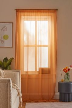 a living room filled with furniture and a window covered in sheer curtains next to a white rug