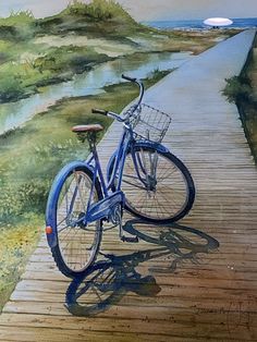 a painting of a bike parked on a wooden walkway next to a river and grassy area