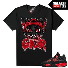 "Red Thunder 4s Jordan matching shirt by Sneaker Match Tees brand. Official Sneaker Match Tees shirt designed to match the Jordan 4 \"Red Thunder\" retro sneakers. *Sneakers are for matching purposes only, NOT included in the sale* True to size Men's shirt 100% Soft Cotton Regular Fit" Red Graphic Print Sneakers For Streetwear, Red Thunder 4s, 4s Jordans, Jordan 4 Red Thunder, Thunder 4s, Jordan 4 Red, Red Thunder, Sneaker Match Tees, Sneaker Tee