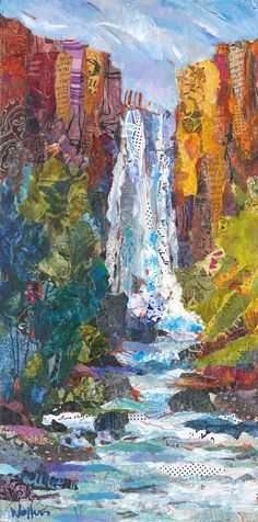 a painting of a waterfall in the middle of a forest