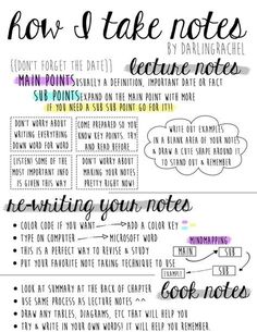 a handwritten poster with the words how to take notes and other things on it