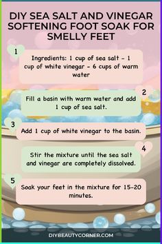 Treat your feet to a homemade Sea Salt and Vinegar Foot Soak that will soften and refresh them. Say goodbye to smelly feet with this easy DIY remedy. Give your tired soles the pampering they deserve by creating this simple, yet effective foot soak using ingredients you already have at home. Enjoy a relaxing and revitalizing experience for your feet while eliminating any unwanted odors. Vinegar Foot Soak, Diy Hygiene, Homemade Foot Soaks, Artery Cleanse, Epsom Salt Benefits, Foot Soak Recipe, Salt And Vinegar, Foot Soak, Diy Remedies