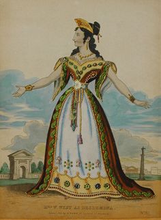 an old fashion drawing of a woman wearing a dress and headdress with her arms outstretched