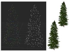 three different types of christmas trees in various stages of being colored with white and green lights