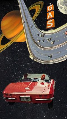 a red car driving down a road next to the moon and saturn with gas signs above it