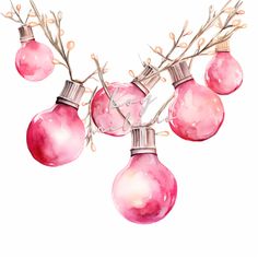 watercolor painting of pink christmas lights and branches with red bulbs hanging from the branch