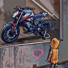 a drawing of a person standing next to a motorcycle