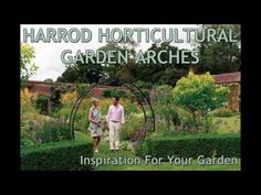 an advertisement for garden arches with two people walking through the center and surrounded by hedges