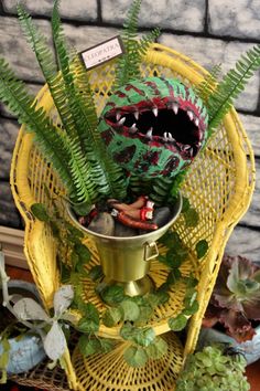 a green plant in a yellow basket on a table with other plants and decorations around it