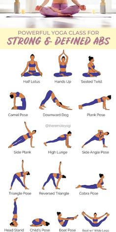 a woman doing yoga poses with the words, powerful yoga class for strong 8 - defined abs