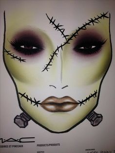 Stitched Face Halloween, Frankenstein Stitches Makeup, Face Stitches Makeup, Halloween Face Charts Makeup Ideas, Stitches Halloween Makeup, Halloween Facechart, Frankenstein Stitches, Eye Makeup Brown Eyes