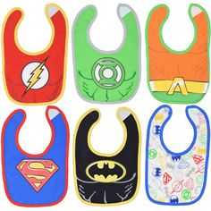 Get your little one ready for an epic, action-packed adventure with this DC Comics Justice League Batman Superman Green Lantern The Flash Aquaman 6 Pack Bib. Gotham City is in trouble, and Batman needs your little hero?s help to save the day! Join this iconic comic book, animated series, and movie superhero as he battles dubious villains like the Joker, the Riddler, and Two-Face with the help of Alfred and Robin. Afterward, head home in the Batmobile, take off your mask in the Batcave, and see B Justice League Batman, Newborn Baby Boys, Superhero Batman, Green Lantern Corps, List Of Characters, Dc Comics Superheroes, Batman Superman, Batman And Superman, Green Lantern