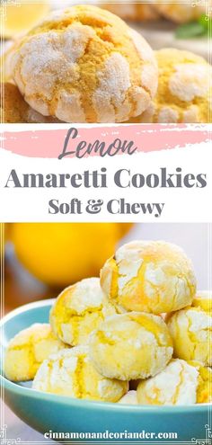 lemon amarettii cookies soft and chewy on a blue bowl with lemons in the background