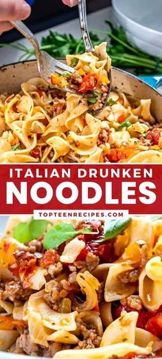 two pictures with different types of noodles in them and the words italian drunken noodles on top