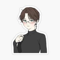 a woman wearing glasses and a black top sticker on a white background with the words,