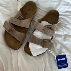 Birkenstock Sandals Size 40 Cushioned Footbed Slip-on Sandals For Outings, Birckenstock Sandals, Light Brown Birkenstocks, Taupe Birkenstocks, Birkenstock Fur Sandals, Women’s Birkenstocks, Birkenstock Sandals Women, Shoes Birkenstock, Birkenstock Shoes