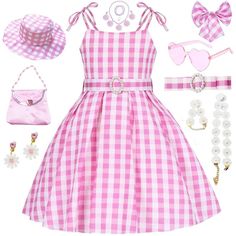 a pink and white checkered dress with accessories