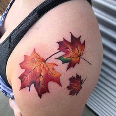 Maple Leaf Tattoos, Fall Leaves Tattoo, Oak Tree Tattoo, Rose Shoulder Tattoo, Autumn Tattoo, Leaf Tattoo, Elements Tattoo, Back Of Shoulder Tattoo, Shoulder Tattoos