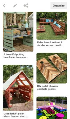 several different types of outdoor furniture made out of pallets and wooden boards, with instructions for