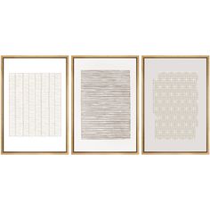 three framed art pieces with white and gold trims on the sides, one is an abstract