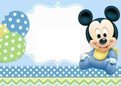 a mickey mouse birthday card with balloons and polka dot dots on the border, in blue