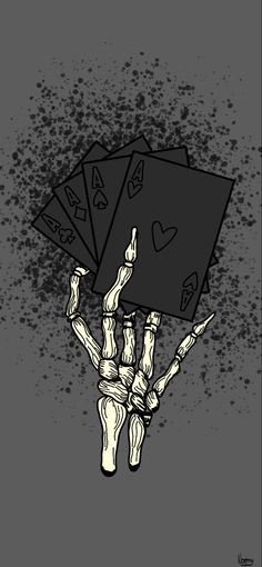 a skeleton holding up playing cards in the air