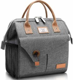 a gray and brown bag with leather handles