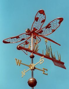 a metal dragon weather vane on top of a building with grass growing out of it's wings