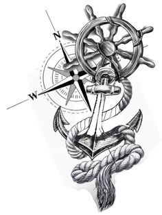 an anchor, steering wheel and rope tattoo design